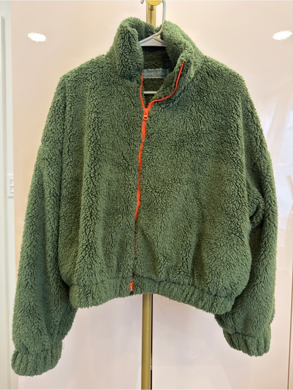 Urban Outfitters Olive Green Teddy Jacket with Orange Trim